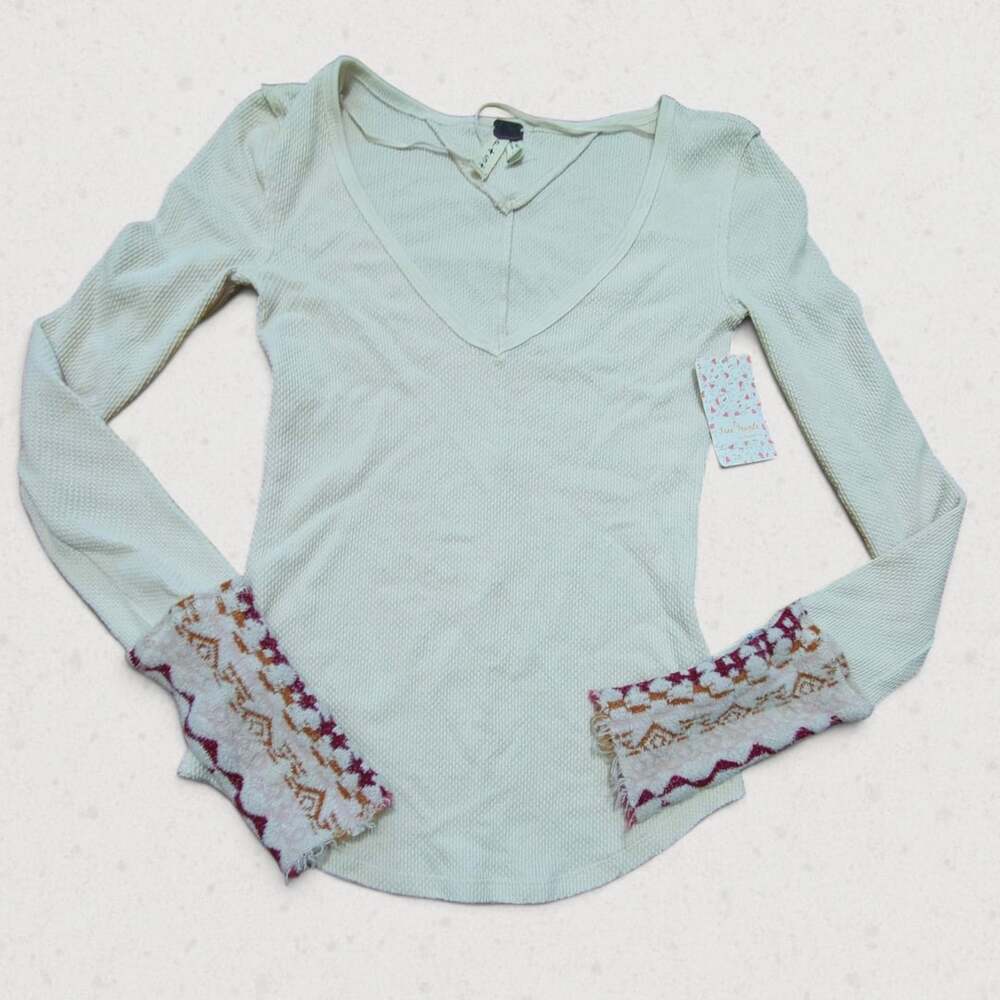 Free People We The Free Waffle Thermal Top V-Neck Boho Cuffs Cream Small NWT